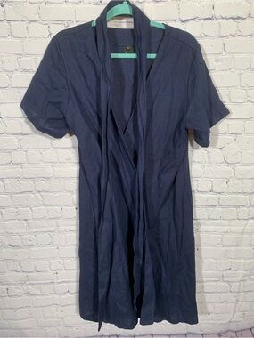 Le Muse Womens Linen Wrap Dress Navy Sz M Lightweight Belted Short Sleeves Beach